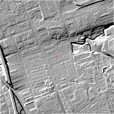 Shaded relief map of the ground around M125RJ, computed from Environment Agency LiDAR. The ground here sits at about 52 m above sea level and falls 16 m across the surrounding 800 m. Surface water reaching this point runs off ground lying to the south-east, 6.0 m higher.