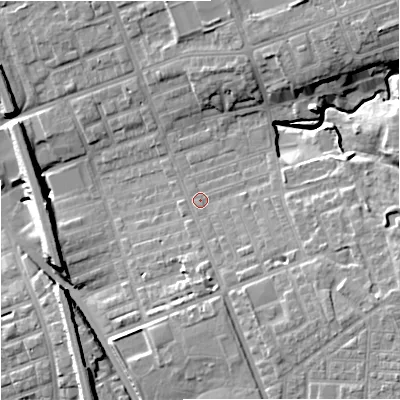 Shaded relief map of the ground around M125RT, computed from Environment Agency LiDAR. The ground here sits at about 53 m above sea level and falls 15 m across the surrounding 800 m. Surface water reaching this point runs off ground lying to the south-east, 5.8 m higher.