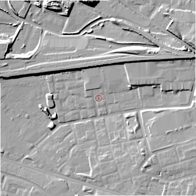 Shaded relief map of the ground around M125UG, computed from Environment Agency LiDAR. The ground here sits at about 47 m above sea level and falls 18 m across the surrounding 800 m. Surface water reaching this point runs off ground lying to the north-north-east, 7.5 m higher.