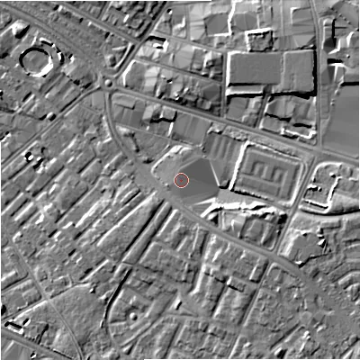Shaded relief map of the ground around M126AJ, computed from Environment Agency LiDAR. The ground here sits at about 42 m above sea level and falls 10 m across the surrounding 800 m. Surface water reaching this point runs off ground lying to the east-south-east, 4.7 m higher.