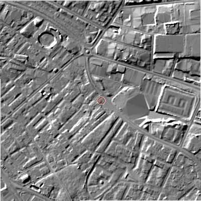 Shaded relief map of the ground around M126AL, computed from Environment Agency LiDAR. The ground here sits at about 41 m above sea level and falls 9 m across the surrounding 800 m. Surface water reaching this point runs off ground lying to the east-south-east, 5.1 m higher.