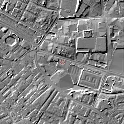 Shaded relief map of the ground around M126AW, computed from Environment Agency LiDAR. The ground here sits at about 42 m above sea level and falls 10 m across the surrounding 800 m. Surface water reaching this point runs off ground lying to the south-east, 4.8 m higher.