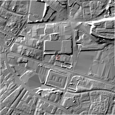 Shaded relief map of the ground around M126BA, computed from Environment Agency LiDAR. The ground here sits at about 43 m above sea level and falls 13 m across the surrounding 800 m. Surface water reaching this point runs off ground lying to the east-north-east, 11.4 m higher.