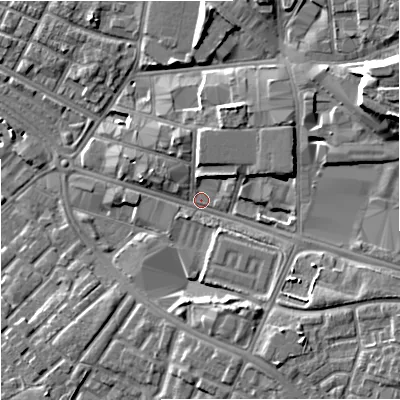 Shaded relief map of the ground around M126BH, computed from Environment Agency LiDAR. The ground here sits at about 42 m above sea level and falls 14 m across the surrounding 800 m. Surface water reaching this point runs off ground lying to the east-north-east, 10.5 m higher.