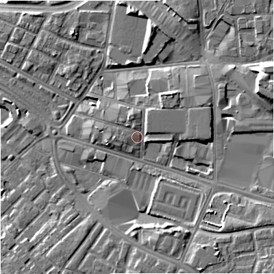 Shaded relief map of the ground around M126BN, computed from Environment Agency LiDAR. The ground here sits at about 43 m above sea level and falls 14 m across the surrounding 800 m. Surface water reaching this point runs off ground lying to the north-east, 2.7 m higher.