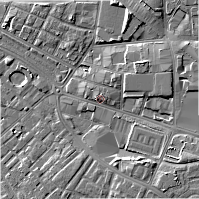 Shaded relief map of the ground around M126BQ, computed from Environment Agency LiDAR. The ground here sits at about 43 m above sea level and falls 10 m across the surrounding 800 m. Surface water reaching this point runs off ground lying to the south-east, 4.8 m higher.
