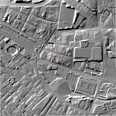 Shaded relief map of the ground around M126BW, computed from Environment Agency LiDAR. The ground here sits at about 43 m above sea level and falls 10 m across the surrounding 800 m. Surface water reaching this point runs off ground lying to the north-east, 1.6 m higher.