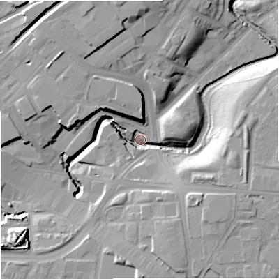 Shaded relief map of the ground around M126EH, computed from Environment Agency LiDAR. The ground here sits at about 36 m above sea level and falls 20 m across the surrounding 800 m. Surface water reaching this point runs off ground lying to the north, 18.8 m higher.