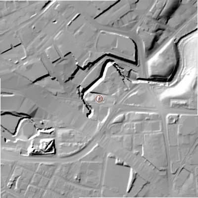 Shaded relief map of the ground around M126EL, computed from Environment Agency LiDAR. The ground here sits at about 40 m above sea level and falls 19 m across the surrounding 800 m. Surface water reaching this point runs off ground lying to the east-south-east, 8.9 m higher.