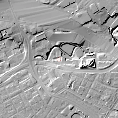 Shaded relief map of the ground around M126HY, computed from Environment Agency LiDAR. The ground here sits at about 35 m above sea level and falls 18 m across the surrounding 800 m. Surface water reaching this point runs off ground lying to the south-south-east, 8.2 m higher.