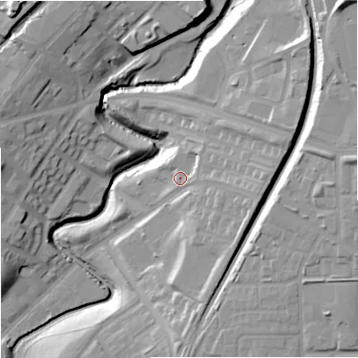 Shaded relief map of the ground around M126PE, computed from Environment Agency LiDAR. The ground here sits at about 48 m above sea level and falls 26 m across the surrounding 800 m. Surface water reaching this point runs off ground lying to the east, 9.7 m higher.