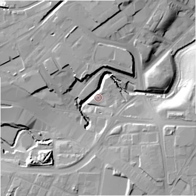 Shaded relief map of the ground around M126PP, computed from Environment Agency LiDAR. The ground here sits at about 40 m above sea level and falls 19 m across the surrounding 800 m. Surface water reaching this point runs off ground lying to the south-east, 1.8 m higher.