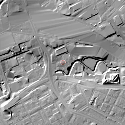 Shaded relief map of the ground around M12AR, computed from Environment Agency LiDAR. The ground here sits at about 37 m above sea level and falls 18 m across the surrounding 800 m. Surface water reaching this point runs off ground lying to the north-east, 5.3 m higher.