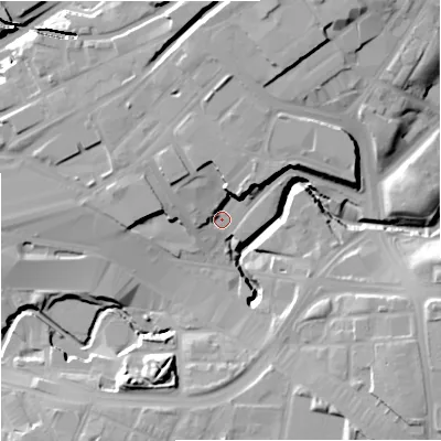 Shaded relief map of the ground around M12NT, computed from Environment Agency LiDAR. The ground here sits at about 40 m above sea level and falls 21 m across the surrounding 800 m. Surface water reaching this point runs off ground lying to the north-east, 9.2 m higher.