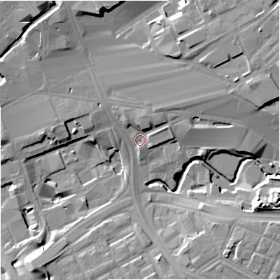 Shaded relief map of the ground around M12PG, computed from Environment Agency LiDAR. The ground here sits at about 38 m above sea level and falls 18 m across the surrounding 800 m. Surface water reaching this point runs off ground lying to the north-east, 5.2 m higher.