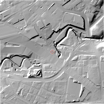 Shaded relief map of the ground around M12WR, computed from Environment Agency LiDAR. The ground here sits at about 39 m above sea level and falls 20 m across the surrounding 800 m. Surface water reaching this point runs off ground lying to the south-south-east, 2.9 m higher.