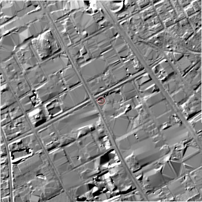 Shaded relief map of the ground around M139EP, computed from Environment Agency LiDAR. The ground here sits at about 37 m above sea level and falls 9 m across the surrounding 800 m. Surface water reaching this point runs off ground lying to the north-east, 3.3 m higher.