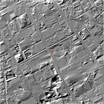 Shaded relief map of the ground around M139GH, computed from Environment Agency LiDAR. The ground here sits at about 38 m above sea level and falls 8 m across the surrounding 800 m. Surface water reaching this point runs off ground lying to the north-east, 3.3 m higher.
