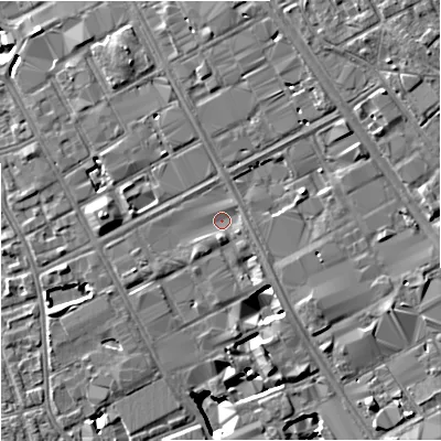 Shaded relief map of the ground around M139GP, computed from Environment Agency LiDAR. The ground here sits at about 37 m above sea level and falls 8 m across the surrounding 800 m. Surface water reaching this point runs off ground lying to the south-east, 1.5 m higher.