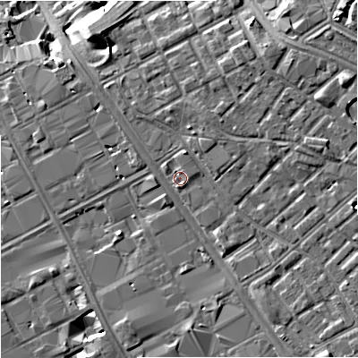 Shaded relief map of the ground around M139JU, computed from Environment Agency LiDAR. The ground here sits at about 39 m above sea level and falls 10 m across the surrounding 800 m. Surface water reaching this point runs off ground lying to the north-north-east, 2.5 m higher.