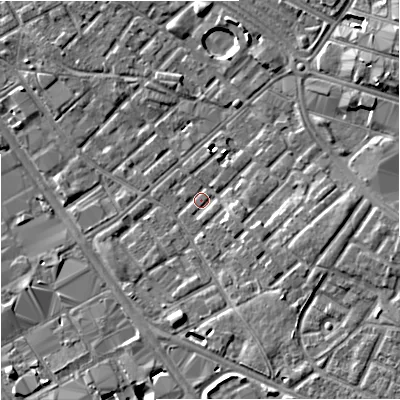 Shaded relief map of the ground around M139LS, computed from Environment Agency LiDAR. The ground here sits at about 40 m above sea level and falls 7 m across the surrounding 800 m. Surface water reaching this point runs off ground lying to the east-south-east, 4.3 m higher.