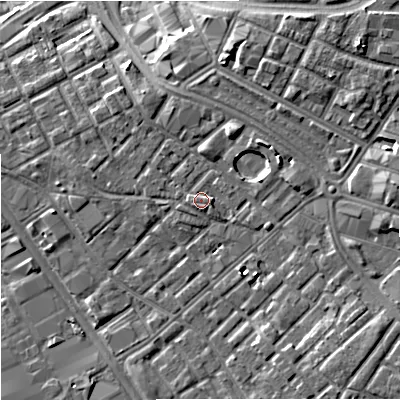 Shaded relief map of the ground around M139NJ, computed from Environment Agency LiDAR. The ground here sits at about 41 m above sea level and falls 10 m across the surrounding 800 m. Surface water reaching this point runs off ground lying to the south-east, 1.2 m higher.