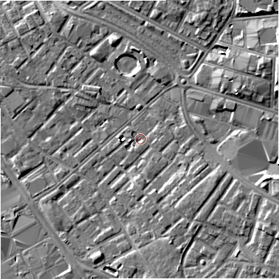 Shaded relief map of the ground around M139PA, computed from Environment Agency LiDAR. The ground here sits at about 40 m above sea level and falls 8 m across the surrounding 800 m. Surface water reaching this point runs off ground lying to the west-south-west, 1.9 m higher.