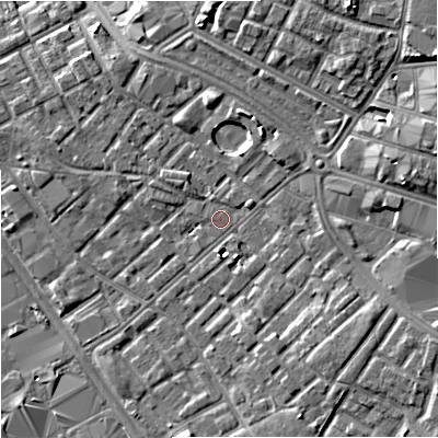 Shaded relief map of the ground around M139PE, computed from Environment Agency LiDAR. The ground here sits at about 40 m above sea level and falls 8 m across the surrounding 800 m. Surface water reaching this point runs off ground lying to the east-north-east, 1.1 m higher.
