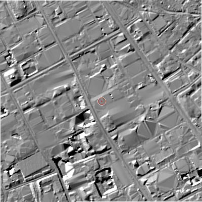 Shaded relief map of the ground around M139PL, computed from Environment Agency LiDAR. The ground here sits at about 39 m above sea level and falls 8 m across the surrounding 800 m. The ground contributing surface water to this point lies to the north-north-east.