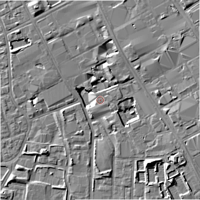 Shaded relief map of the ground around M139PP, computed from Environment Agency LiDAR. The ground here sits at about 36 m above sea level and falls 9 m across the surrounding 800 m. Surface water reaching this point runs off ground lying to the north-north-east, 6.7 m higher.
