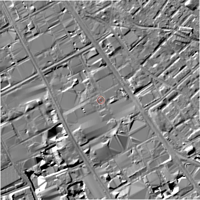 Shaded relief map of the ground around M139PY, computed from Environment Agency LiDAR. The ground here sits at about 38 m above sea level and falls 10 m across the surrounding 800 m. Surface water reaching this point runs off ground lying to the south-east, 1.7 m higher.