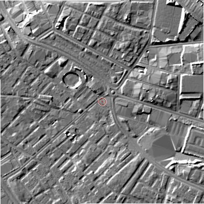 Shaded relief map of the ground around M139QB, computed from Environment Agency LiDAR. The ground here sits at about 41 m above sea level and falls 12 m across the surrounding 800 m. Surface water reaching this point runs off ground lying to the south-east, 5.4 m higher.