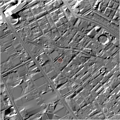 Shaded relief map of the ground around M139QD, computed from Environment Agency LiDAR. The ground here sits at about 39 m above sea level and falls 10 m across the surrounding 800 m. Surface water reaching this point runs off ground lying to the north-north-east, 1.1 m higher.