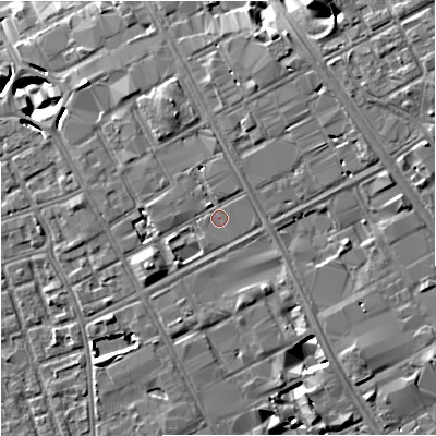 Shaded relief map of the ground around M139RD, computed from Environment Agency LiDAR. The ground here sits at about 37 m above sea level and falls 10 m across the surrounding 800 m. Surface water reaching this point runs off ground lying to the north-north-east, 1.0 m higher.