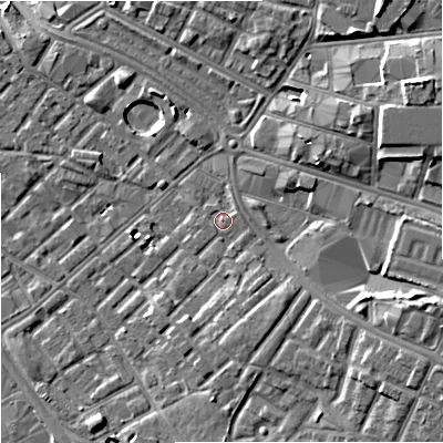 Shaded relief map of the ground around M139RP, computed from Environment Agency LiDAR. The ground here sits at about 41 m above sea level and falls 9 m across the surrounding 800 m. Surface water reaching this point runs off ground lying to the south-south-east, 0.6 m higher.