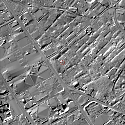 Shaded relief map of the ground around M139RQ, computed from Environment Agency LiDAR. The ground here sits at about 40 m above sea level and falls 9 m across the surrounding 800 m. Surface water reaching this point runs off ground lying to the south-east, 3.0 m higher.