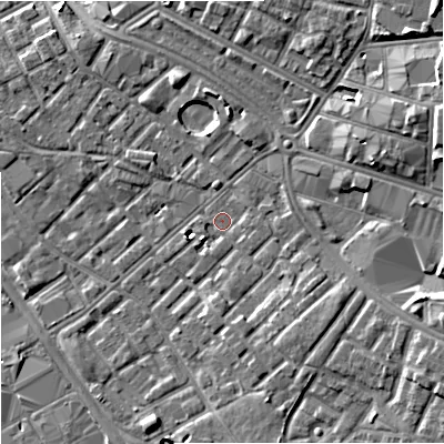Shaded relief map of the ground around M139RR, computed from Environment Agency LiDAR. The ground here sits at about 40 m above sea level and falls 8 m across the surrounding 800 m. Surface water reaching this point runs off ground lying to the east-south-east, 4.5 m higher.