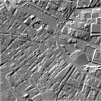 Shaded relief map of the ground around M139RW, computed from Environment Agency LiDAR. The ground here sits at about 41 m above sea level and falls 9 m across the surrounding 800 m. Surface water reaching this point runs off ground lying to the east, 0.6 m higher.