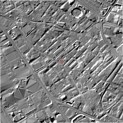 Shaded relief map of the ground around M139RZ, computed from Environment Agency LiDAR. The ground here sits at about 39 m above sea level and falls 7 m across the surrounding 800 m. Surface water reaching this point runs off ground lying to the east, 4.0 m higher.
