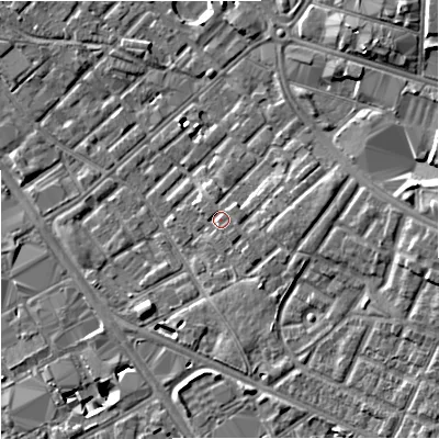Shaded relief map of the ground around M139SA, computed from Environment Agency LiDAR. The ground here sits at about 42 m above sea level and falls 9 m across the surrounding 800 m. Surface water reaching this point runs off ground lying to the south-east, 1.5 m higher.