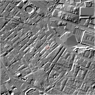 Shaded relief map of the ground around M139SD, computed from Environment Agency LiDAR. The ground here sits at about 42 m above sea level and falls 10 m across the surrounding 800 m. Surface water reaching this point runs off ground lying to the south-south-east, 1.7 m higher.