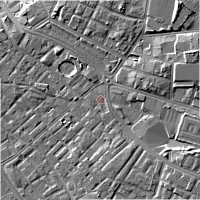 Shaded relief map of the ground around M139SG, computed from Environment Agency LiDAR. The ground here sits at about 41 m above sea level and falls 10 m across the surrounding 800 m. Surface water reaching this point runs off ground lying to the south-east, 1.0 m higher.