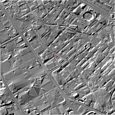 Shaded relief map of the ground around M139SQ, computed from Environment Agency LiDAR. The ground here sits at about 39 m above sea level and falls 9 m across the surrounding 800 m. Surface water reaching this point runs off ground lying to the south-east, 1.1 m higher.
