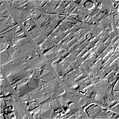 Shaded relief map of the ground around M139SR, computed from Environment Agency LiDAR. The ground here sits at about 39 m above sea level and falls 9 m across the surrounding 800 m. Surface water reaching this point runs off ground lying to the east, 5.6 m higher.