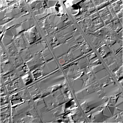 Shaded relief map of the ground around M139SS, computed from Environment Agency LiDAR. The ground here sits at about 38 m above sea level and falls 10 m across the surrounding 800 m. Surface water reaching this point runs off ground lying to the east-north-east, 3.3 m higher.