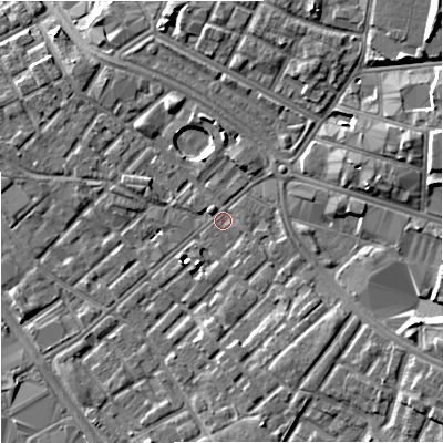 Shaded relief map of the ground around M139SU, computed from Environment Agency LiDAR. The ground here sits at about 40 m above sea level and falls 10 m across the surrounding 800 m. Surface water reaching this point runs off ground lying to the east-south-east, 5.0 m higher.