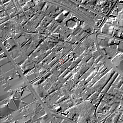 Shaded relief map of the ground around M139SX, computed from Environment Agency LiDAR. The ground here sits at about 40 m above sea level and falls 7 m across the surrounding 800 m. Surface water reaching this point runs off ground lying to the east-north-east, 5.6 m higher.