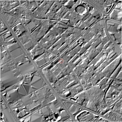 Shaded relief map of the ground around M139SY, computed from Environment Agency LiDAR. The ground here sits at about 39 m above sea level and falls 10 m across the surrounding 800 m. Surface water reaching this point runs off ground lying to the east, 5.7 m higher.
