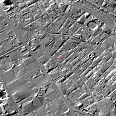Shaded relief map of the ground around M139TN, computed from Environment Agency LiDAR. The ground here sits at about 39 m above sea level and falls 9 m across the surrounding 800 m. Surface water reaching this point runs off ground lying to the east, 1.3 m higher.