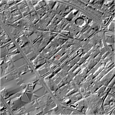 Shaded relief map of the ground around M139TW, computed from Environment Agency LiDAR. The ground here sits at about 39 m above sea level and falls 7 m across the surrounding 800 m. Surface water reaching this point runs off ground lying to the north-east, 1.2 m higher.